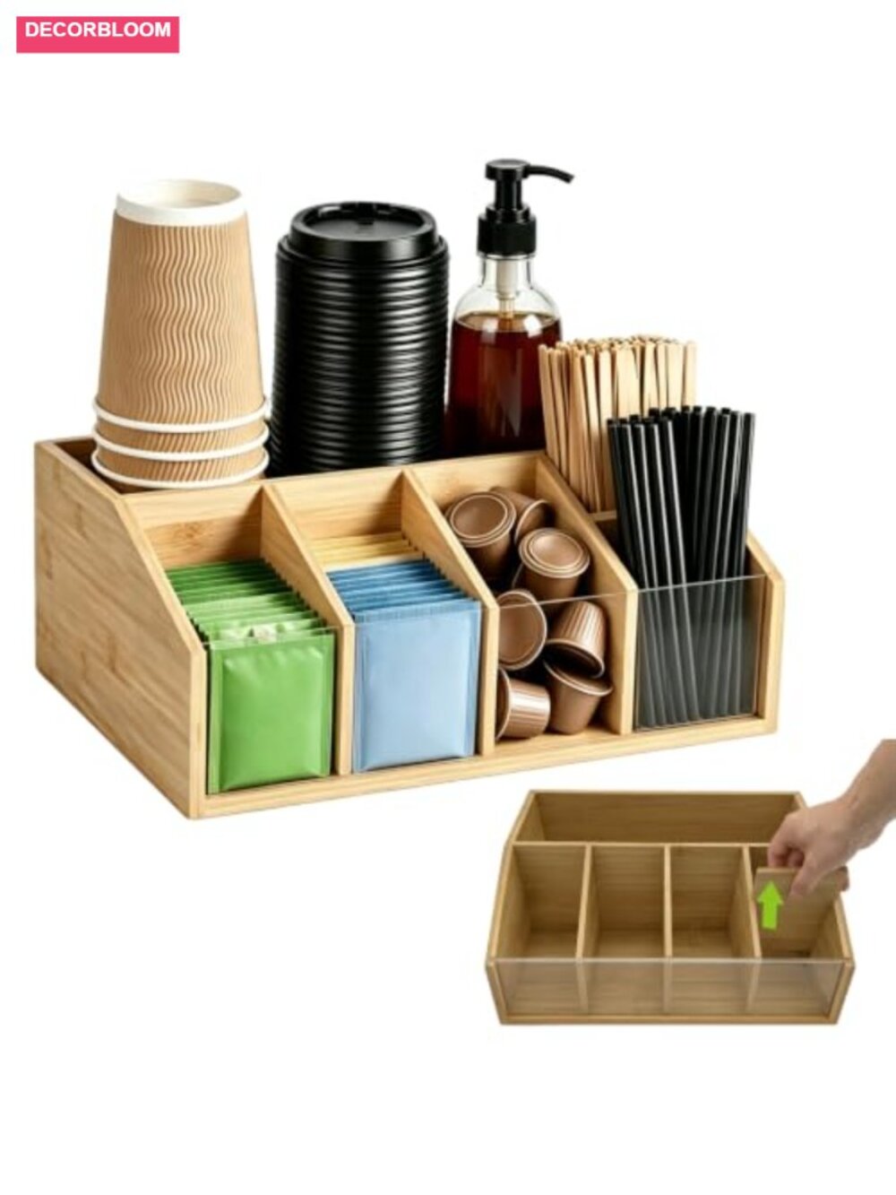 Bamboo Coffee Station Organizer 6 Compartment Adjustable Countertop